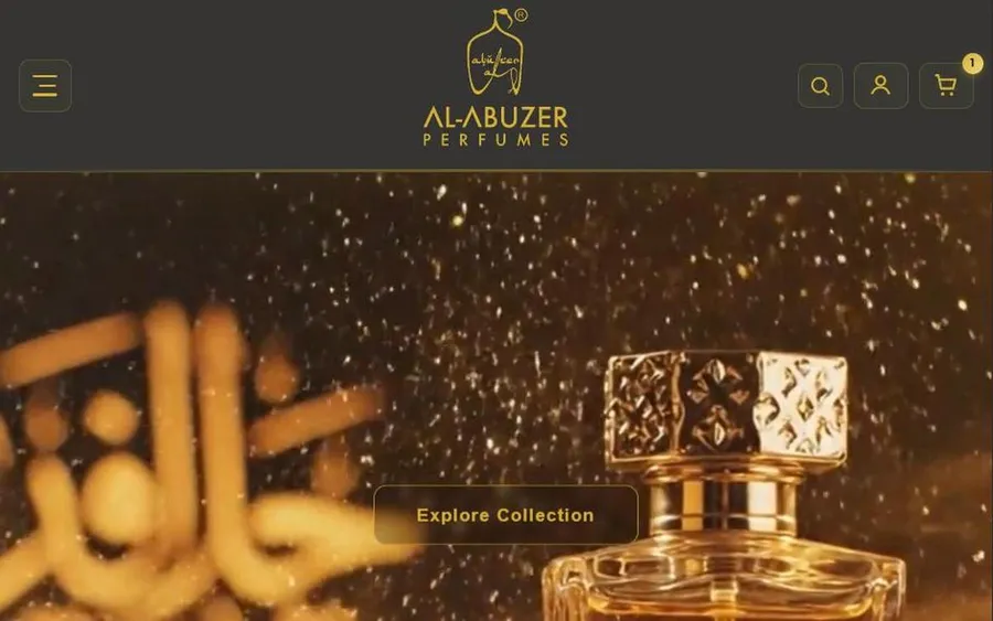 Al-Abuzer Perfumes on a tablet: the gold logo above the full-bleed product video and an Explore Collection button.