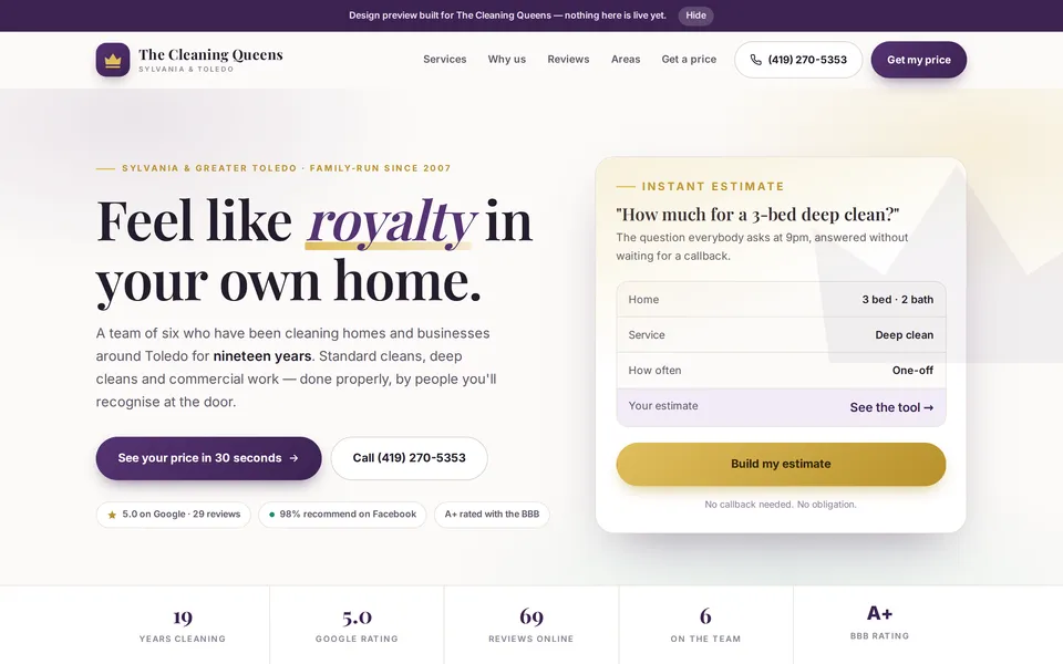 The Cleaning Queens preview: headline “Feel like royalty in your own home” beside an instant estimate card for a three-bed deep clean.