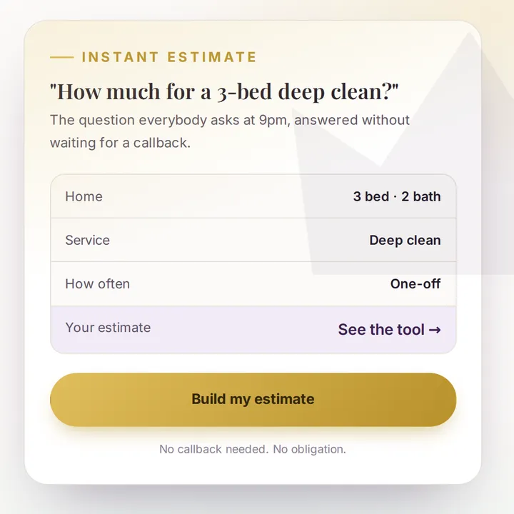 Close-up of the instant estimator: home size, service and frequency, with a Build my estimate button.