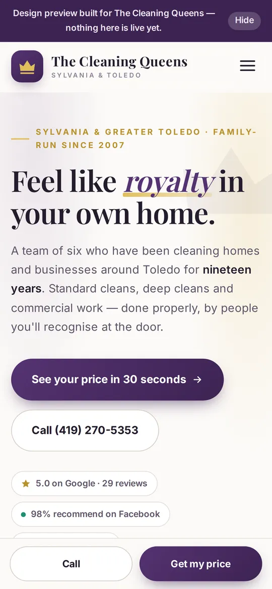 The Cleaning Queens preview on a phone, with the design-preview banner across the top.