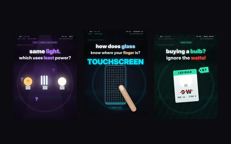 Three motion graphics reels side by side: a quiz asking which bulb uses the least power, a touchscreen explainer, and an LED bulb buying guide.