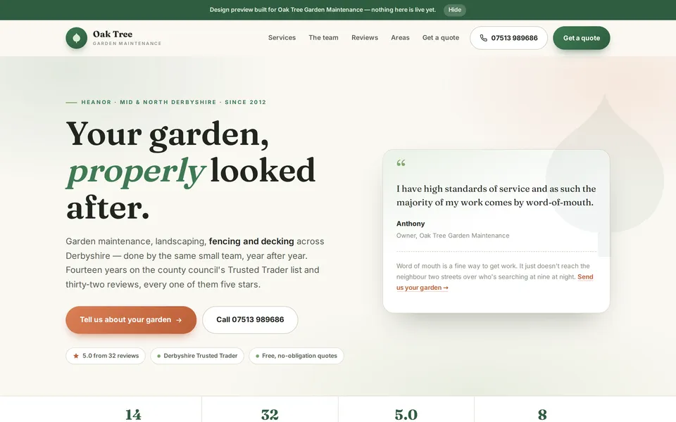 Oak Tree Garden Maintenance preview: headline “Your garden, properly looked after” with the owner’s quote about word-of-mouth work.