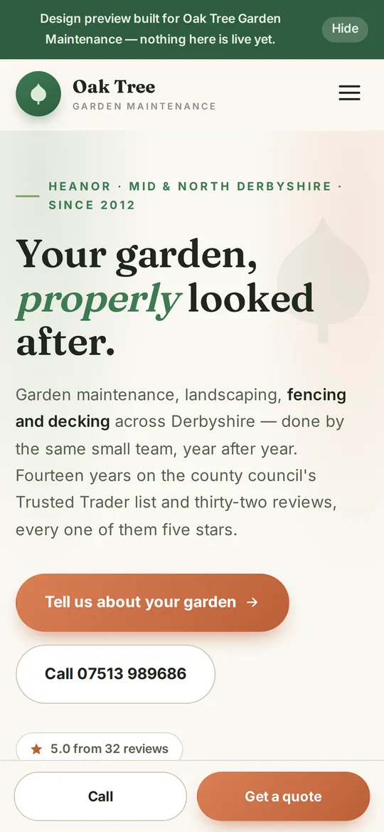 Oak Tree Garden Maintenance preview on a phone, with the design-preview banner across the top.
