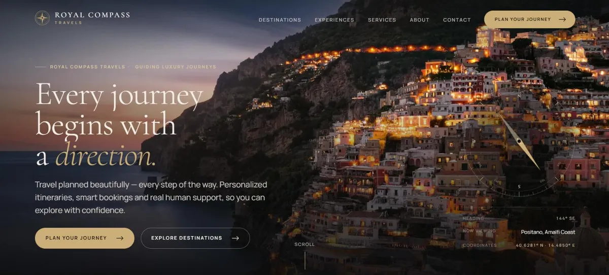 Royal Compass Travels homepage: the headline “Every journey begins with a direction” over Positano at dusk, with a compass reading heading 144° SE and the coordinates of the Amalfi Coast.