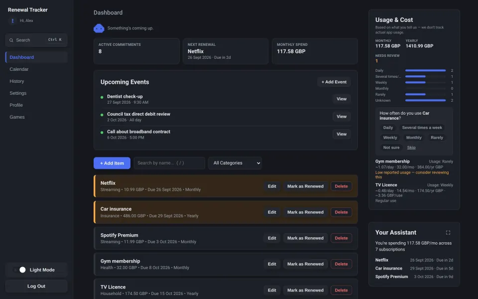 Renewal Tracker dashboard in dark mode: tracked subscriptions and renewals sorted by due date, monthly spend in GBP, upcoming events and a Usage and Cost panel.