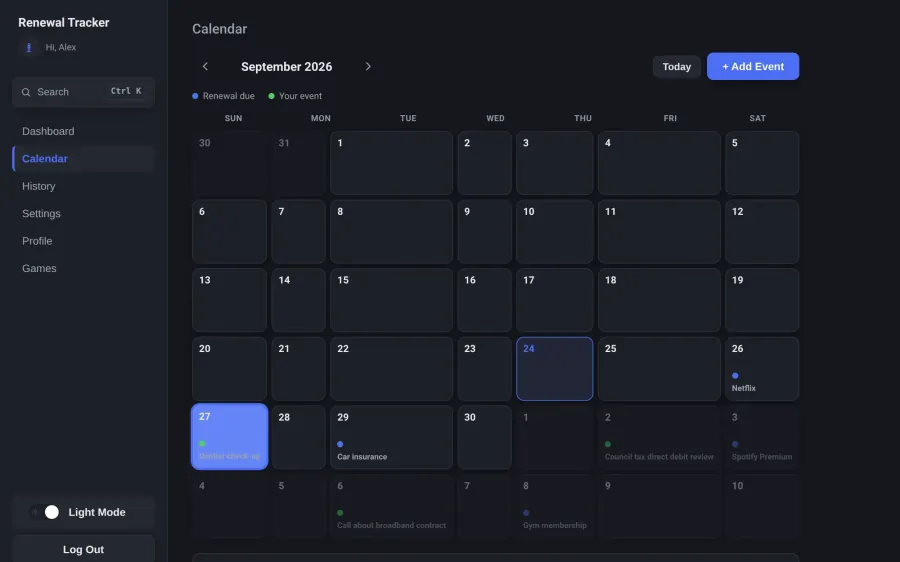 Renewal Tracker calendar in dark mode, with renewals and events marked on each day.